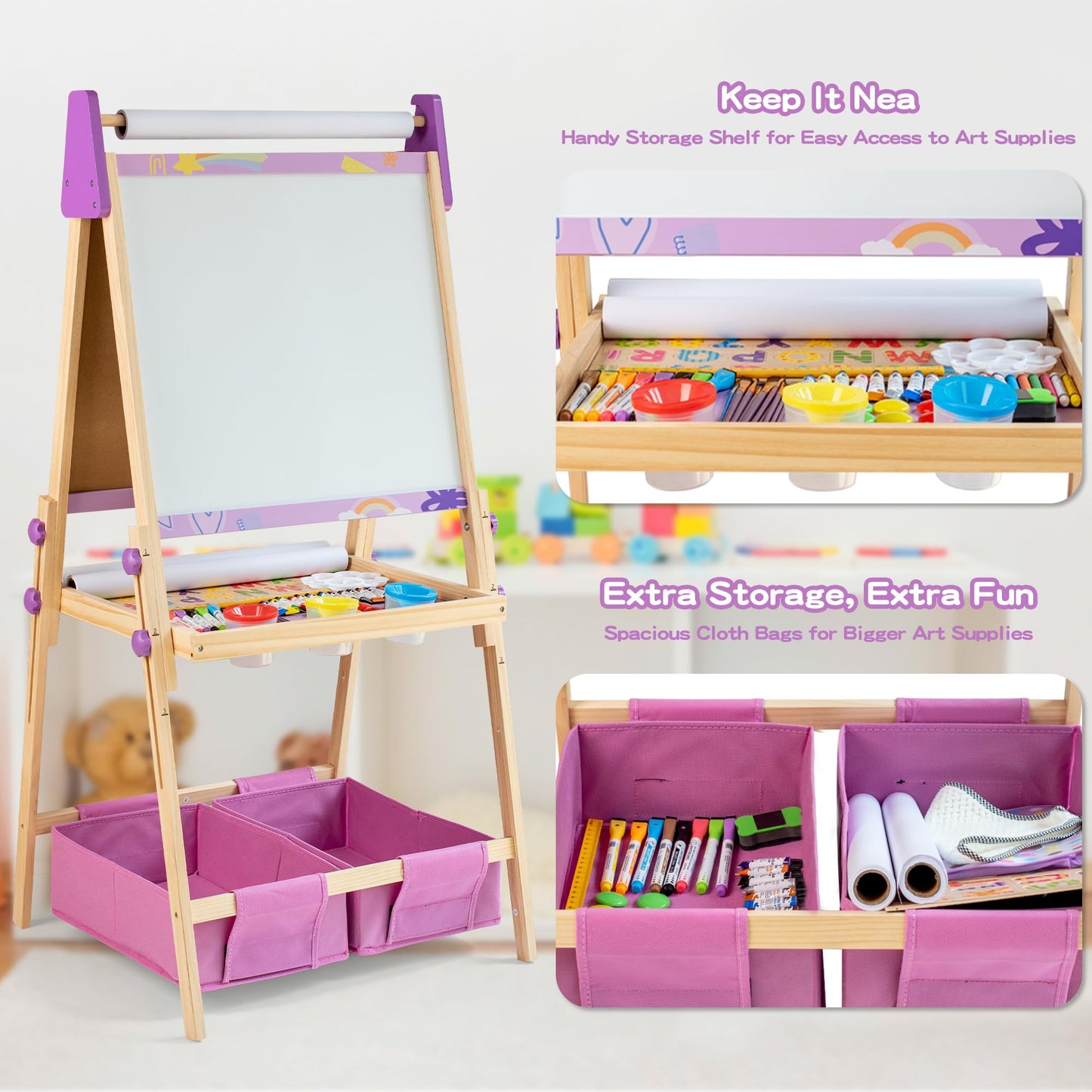 bpmfkid 3-in-1 Adjustable Kids Art Easel Set – Magnetic Whiteboard, Chalkboard & Paper Roll