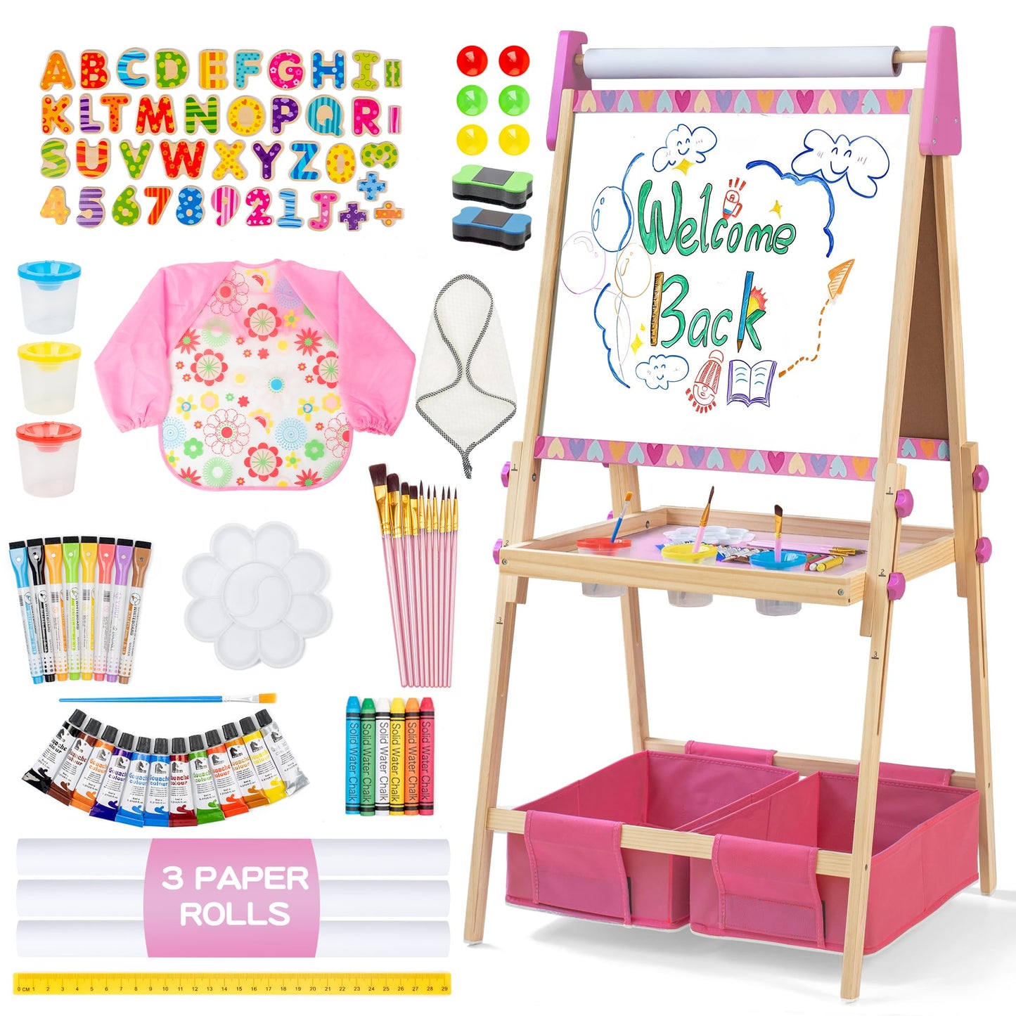 BPMFKID 3-in-1 Adjustable Kids Art Easel – Magnetic Whiteboard, Chalkboard & Paper Rolls