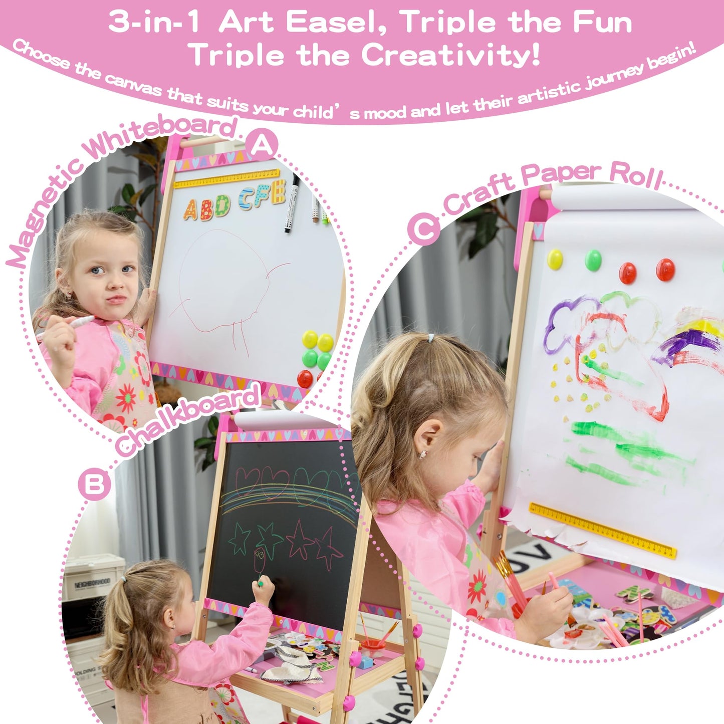 BPMFKID 3-in-1 Adjustable Kids Art Easel – Magnetic Whiteboard, Chalkboard & Paper Rolls