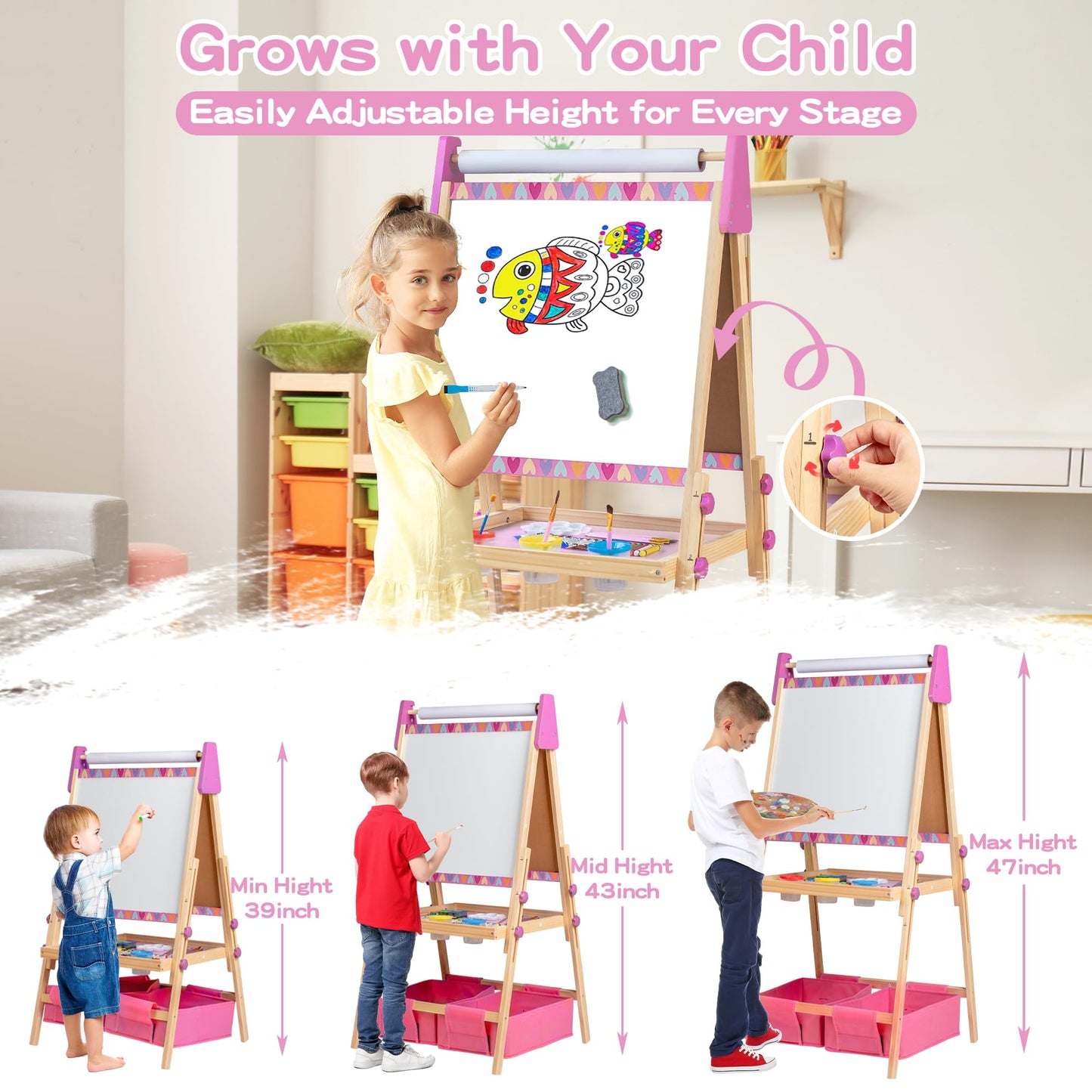 BPMFKID 3-in-1 Adjustable Kids Art Easel – Magnetic Whiteboard, Chalkboard & Paper Rolls