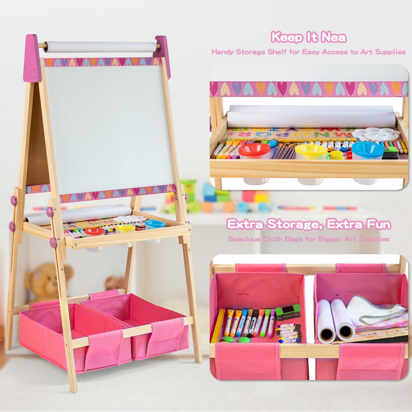 BPMFKID 3-in-1 Adjustable Kids Art Easel – Magnetic Whiteboard, Chalkboard & Paper Rolls