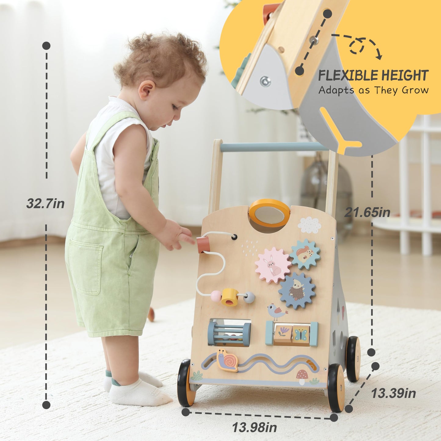 Wooden Baby Walker with Adjustable Height | bpmfkid Montessori Push Toy for Toddlers (1-3 Years)