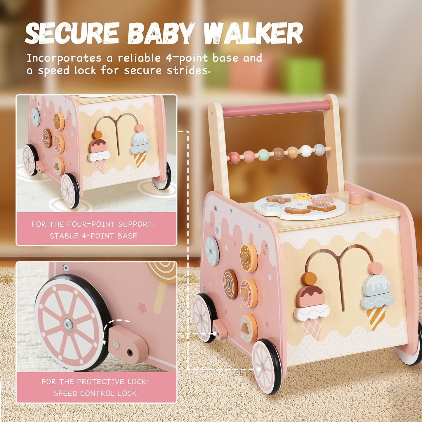 BpmfKid Wooden Baby Walker – Multifunction Ice Cream Cart for Toddlers 18–36M