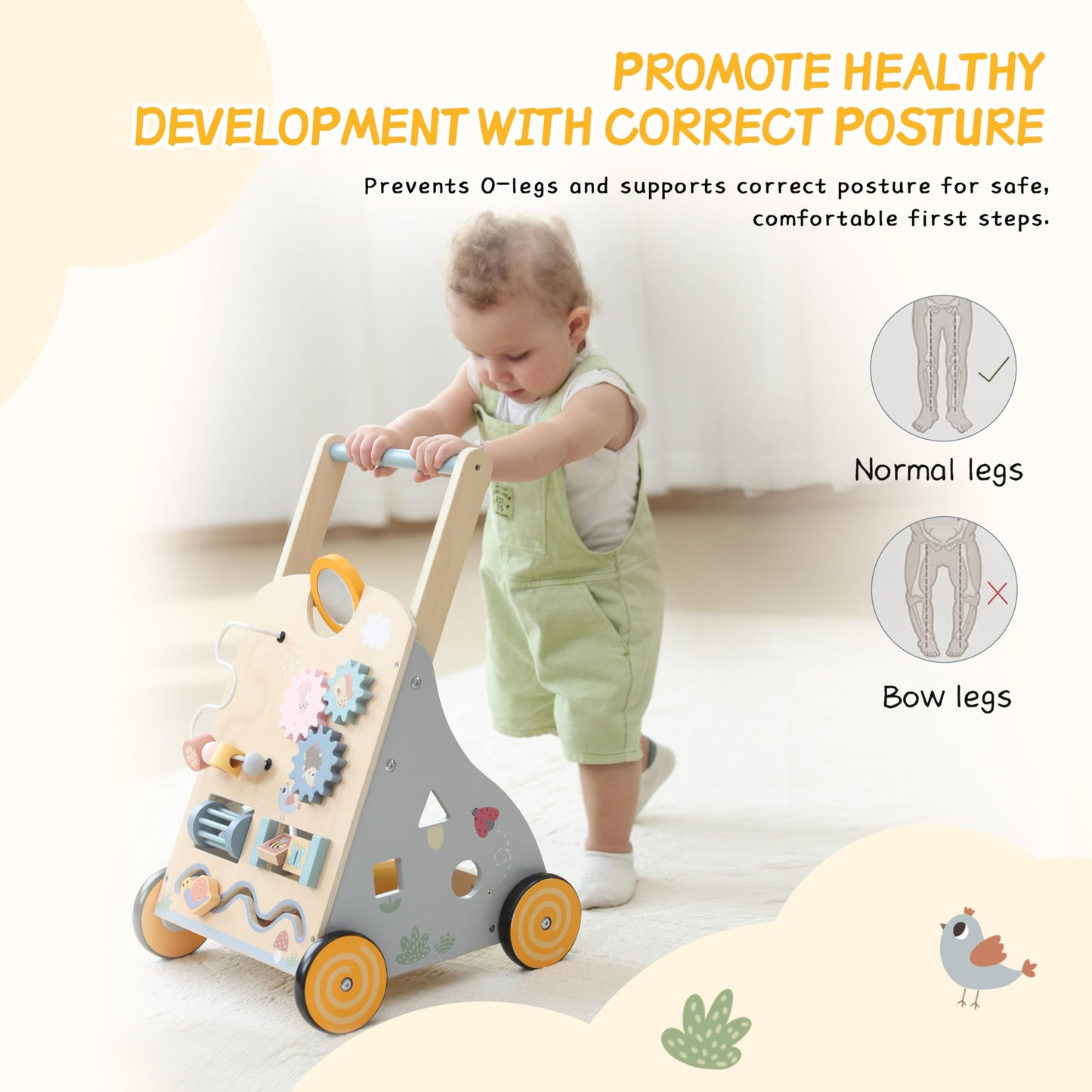 Wooden Baby Walker with Adjustable Height | bpmfkid Montessori Push Toy for Toddlers (1-3 Years)
