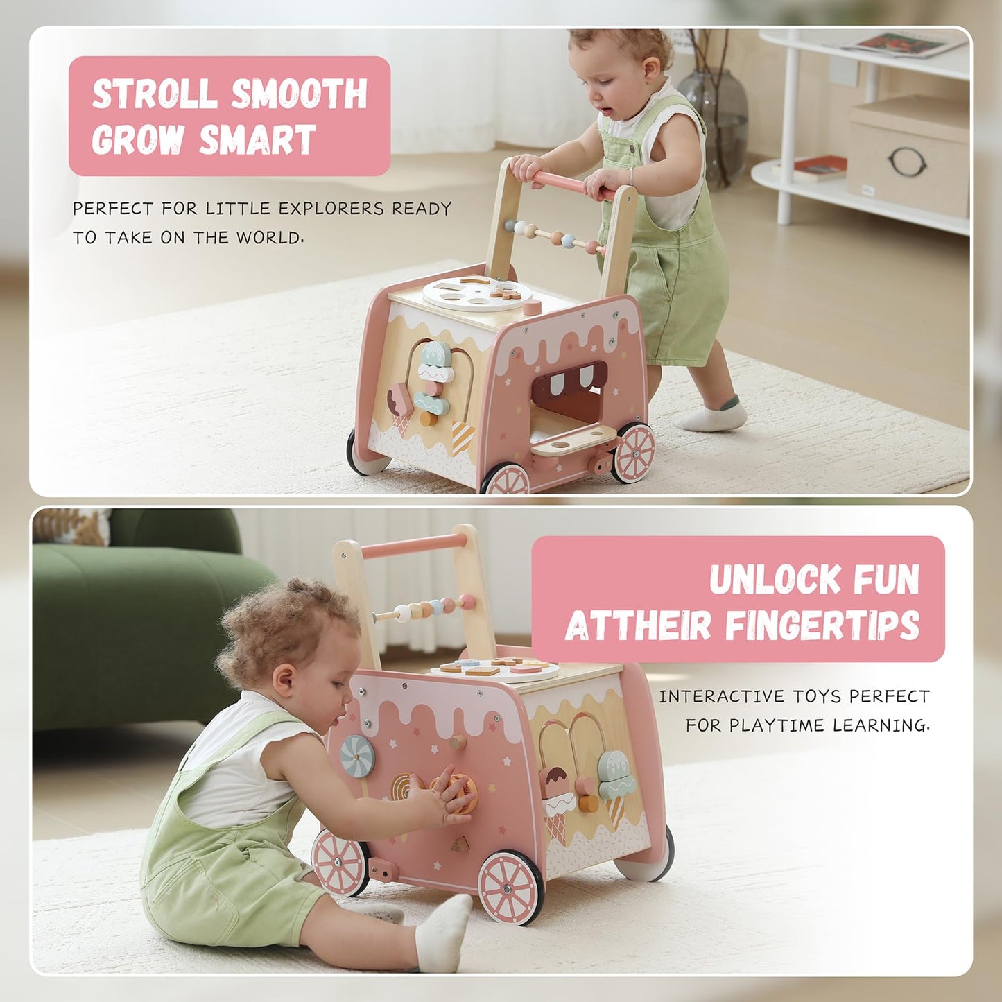 BpmfKid Wooden Baby Walker – Multifunction Ice Cream Cart for Toddlers 18–36M