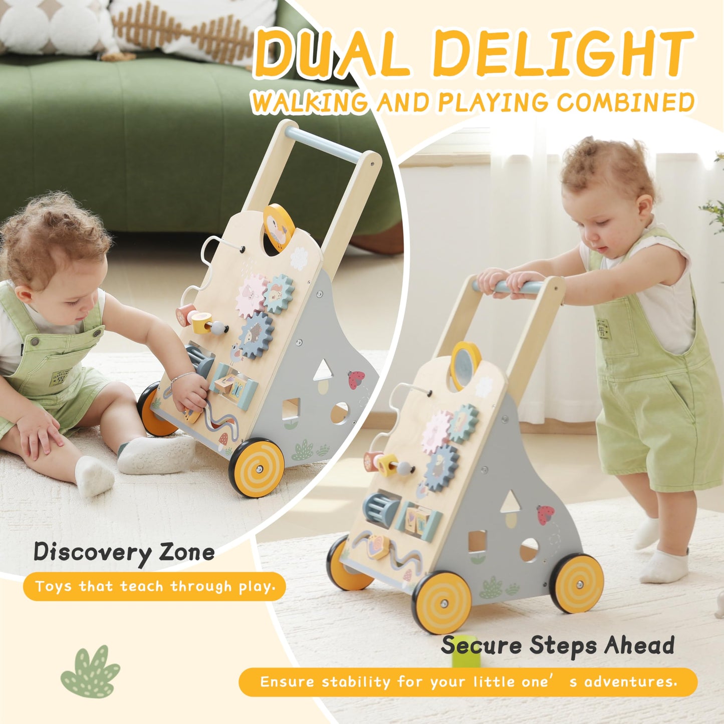 Wooden Baby Walker with Adjustable Height | bpmfkid Montessori Push Toy for Toddlers (1-3 Years)