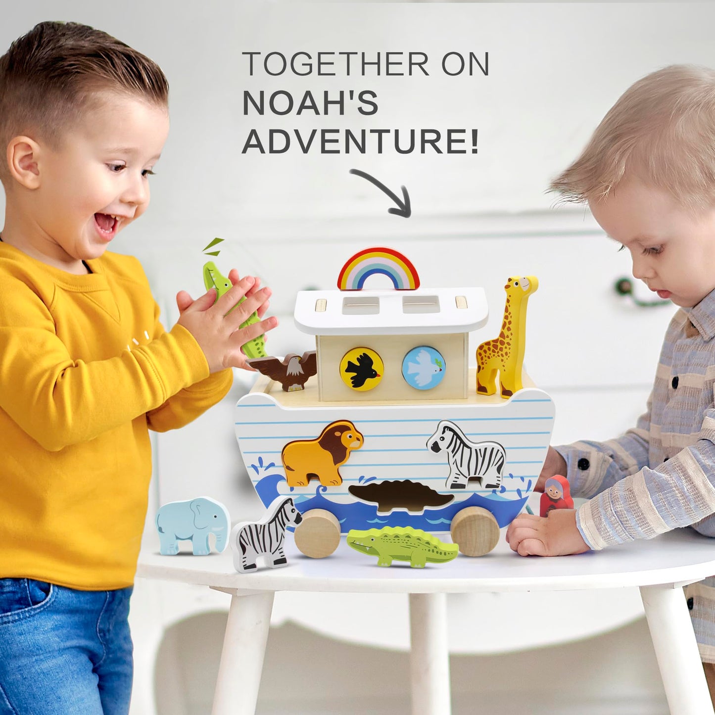 bpmfkid Noah's Ark Wooden Toy Set | Montessori Shape Sorter & Bible Story Play for Toddlers