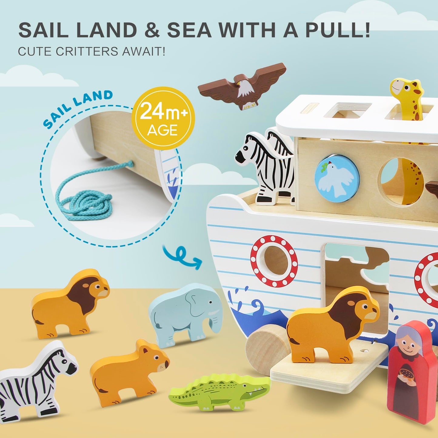 bpmfkid Noah's Ark Wooden Toy Set | Montessori Shape Sorter & Bible Story Play for Toddlers