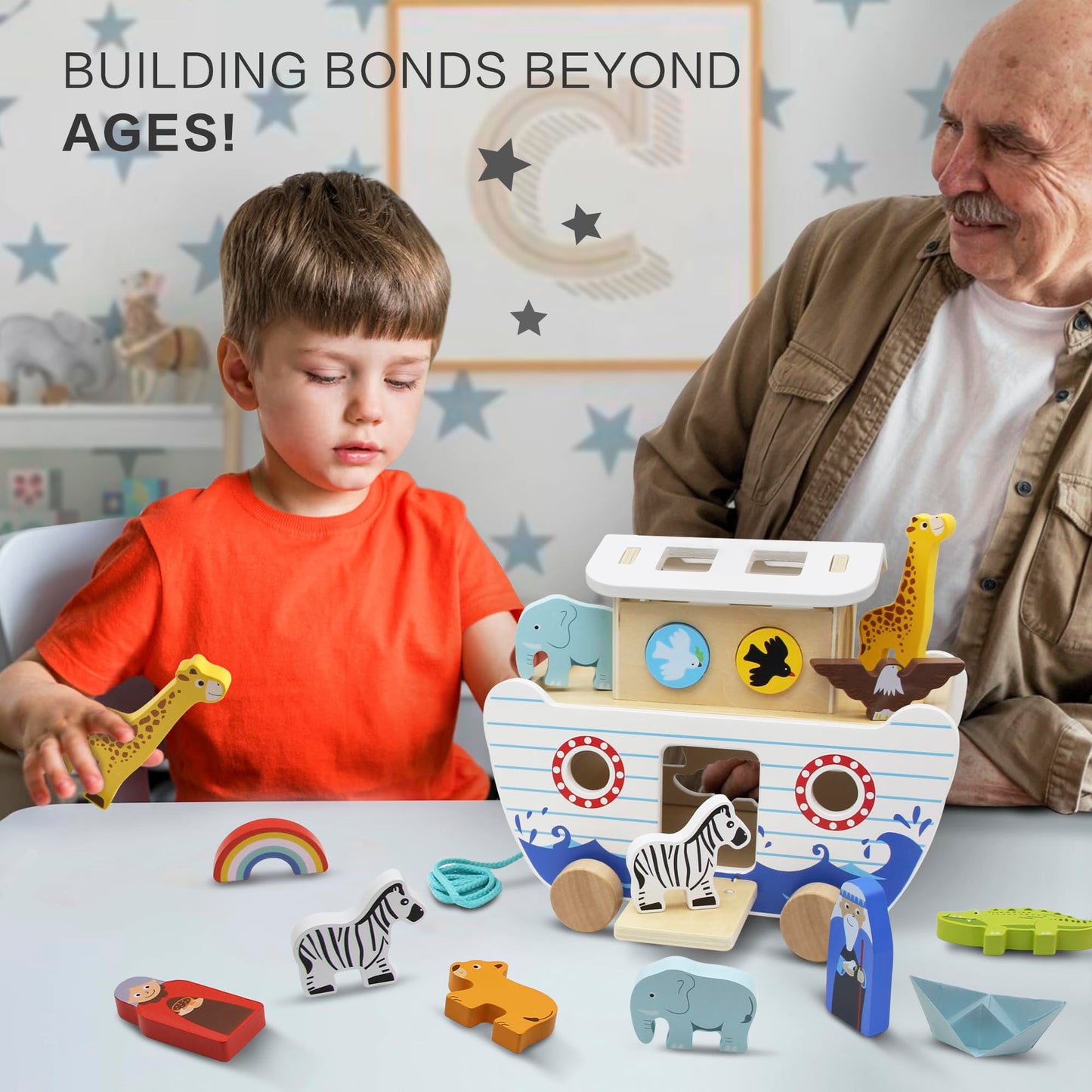 bpmfkid Noah's Ark Wooden Toy Set | Montessori Shape Sorter & Bible Story Play for Toddlers