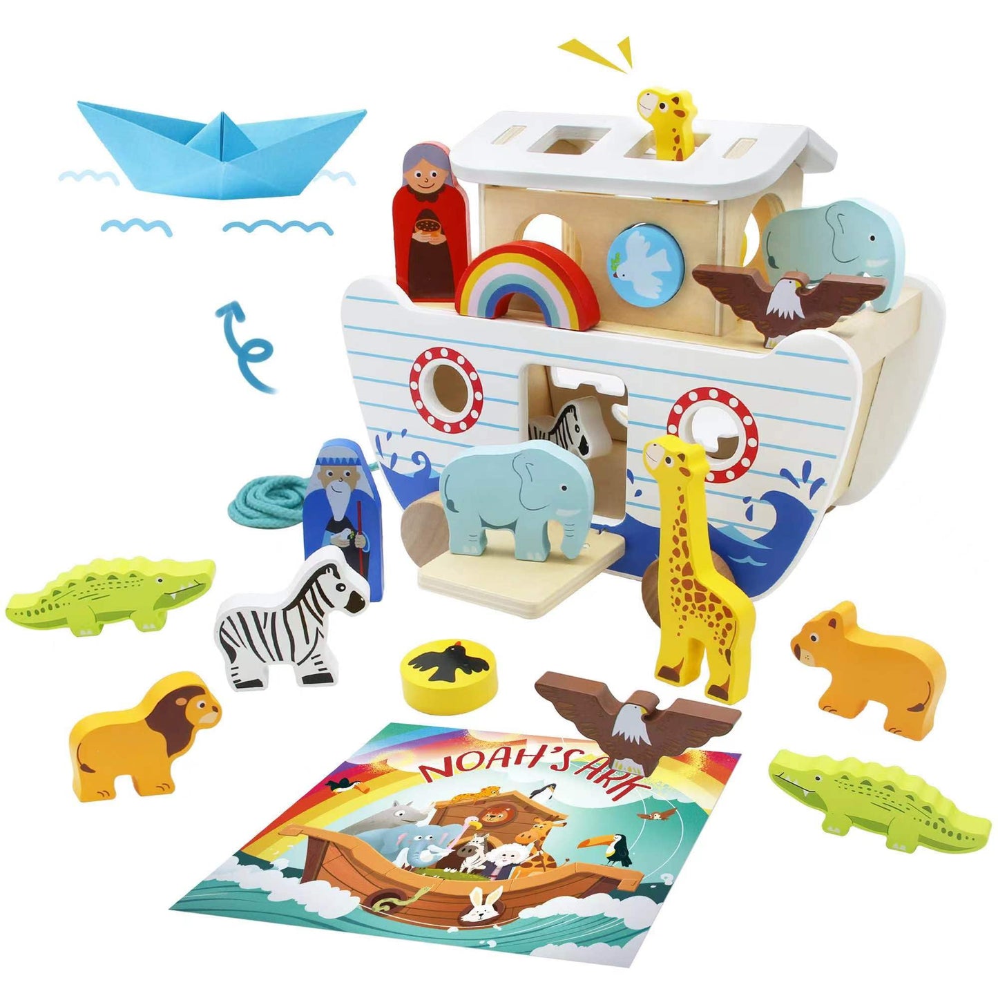 bpmfkid Noah's Ark Wooden Toy Set | Montessori Shape Sorter & Bible Story Play for Toddlers