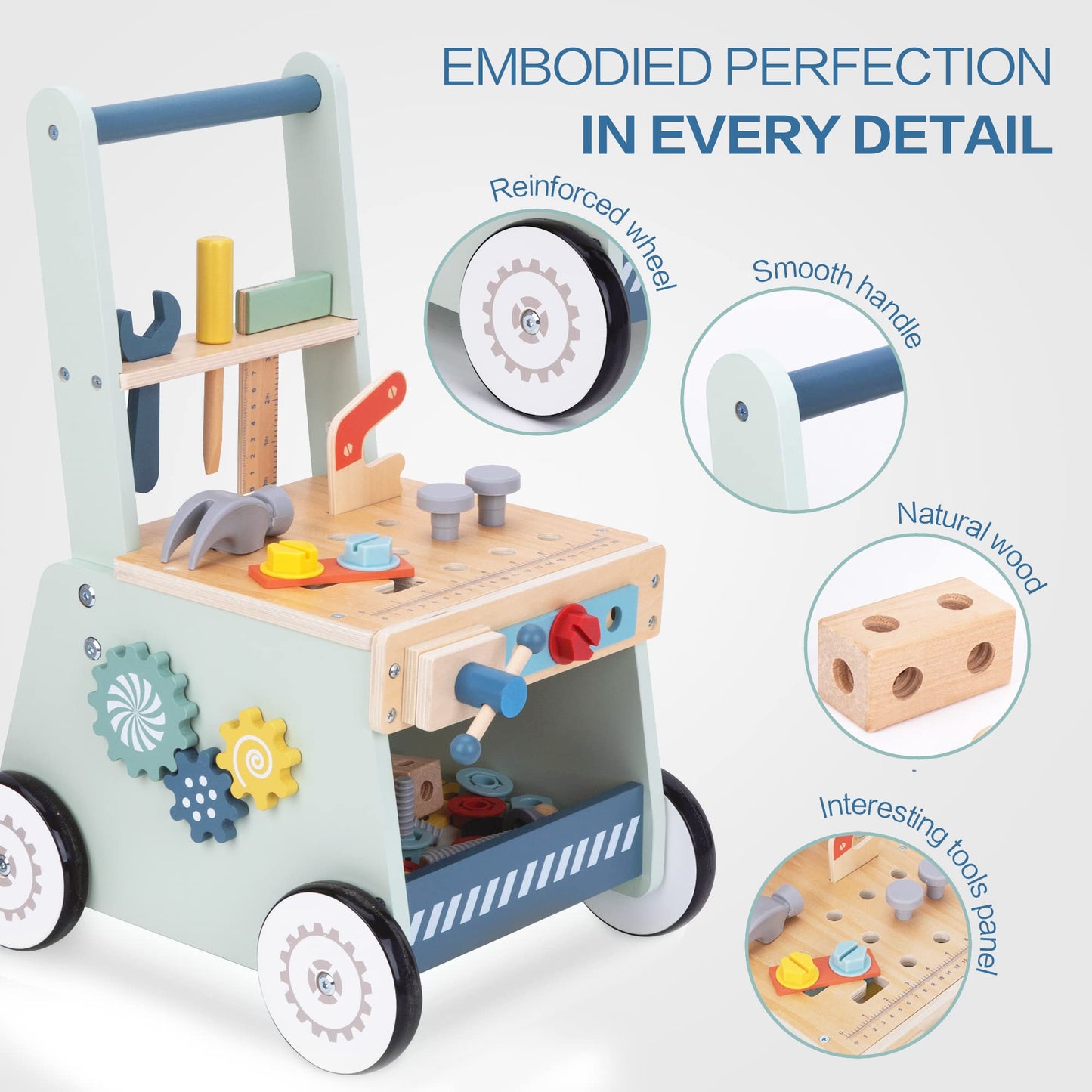 bpmfkid 2-in-1 Wooden Push Walker with Tool Toy – Montessori-Inspired Baby & Toddler Learning Toy