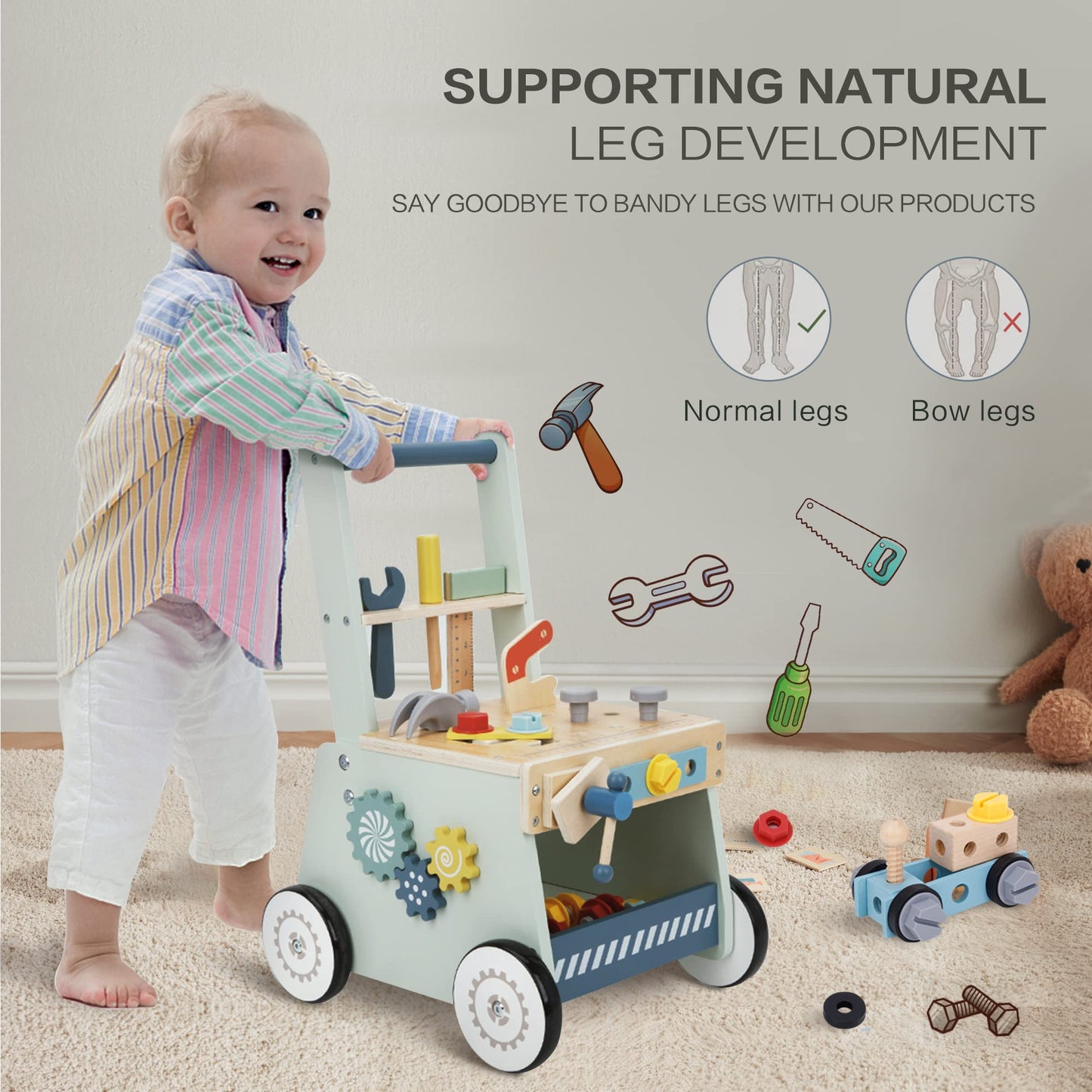 bpmfkid 2-in-1 Wooden Push Walker with Tool Toy – Montessori-Inspired Baby & Toddler Learning Toy