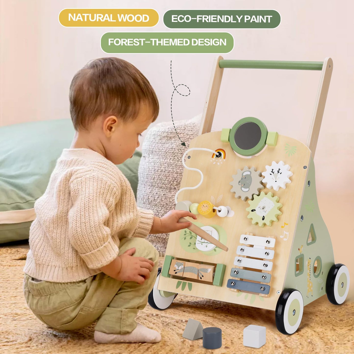bpmfkid Wooden Baby Push Walker & Toddler Learning Toy — Multi-Activity for Ages 1-3