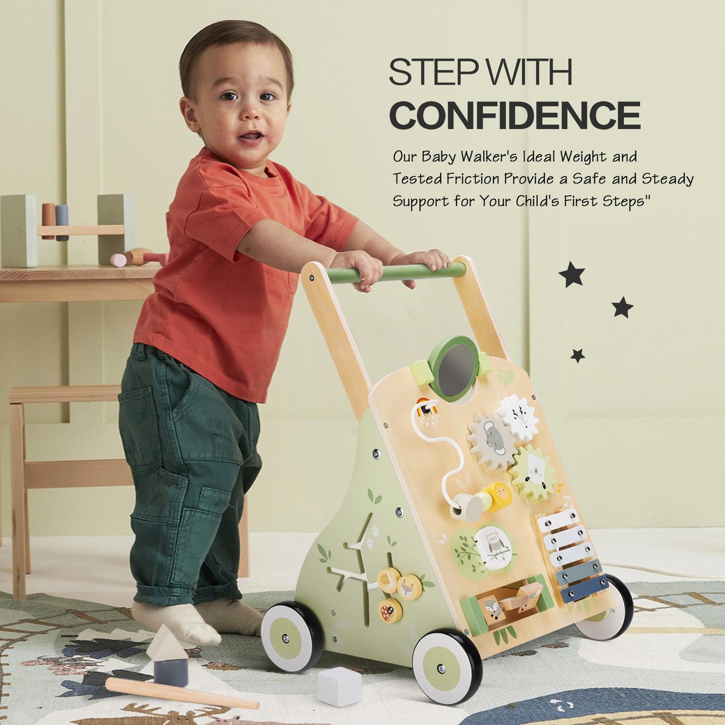 bpmfkid Wooden Baby Push Walker & Toddler Learning Toy — Multi-Activity for Ages 1-3