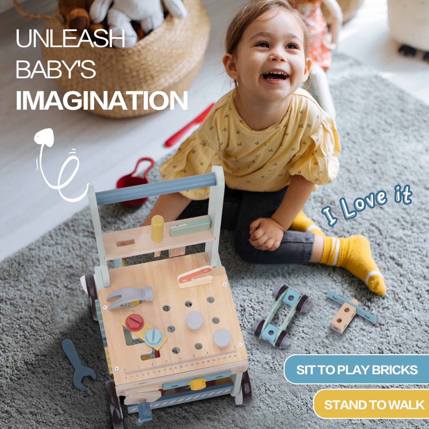 bpmfkid 2-in-1 Wooden Push Walker with Tool Toy – Montessori-Inspired Baby & Toddler Learning Toy