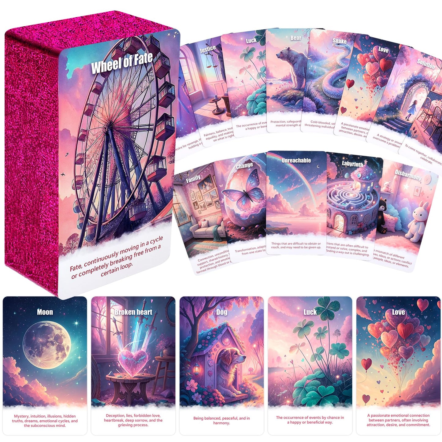 BQLXBABLT Pink Tarot Oracle Lenormand Cards – 3-in-1 Divination Deck for Love, Energy & Career