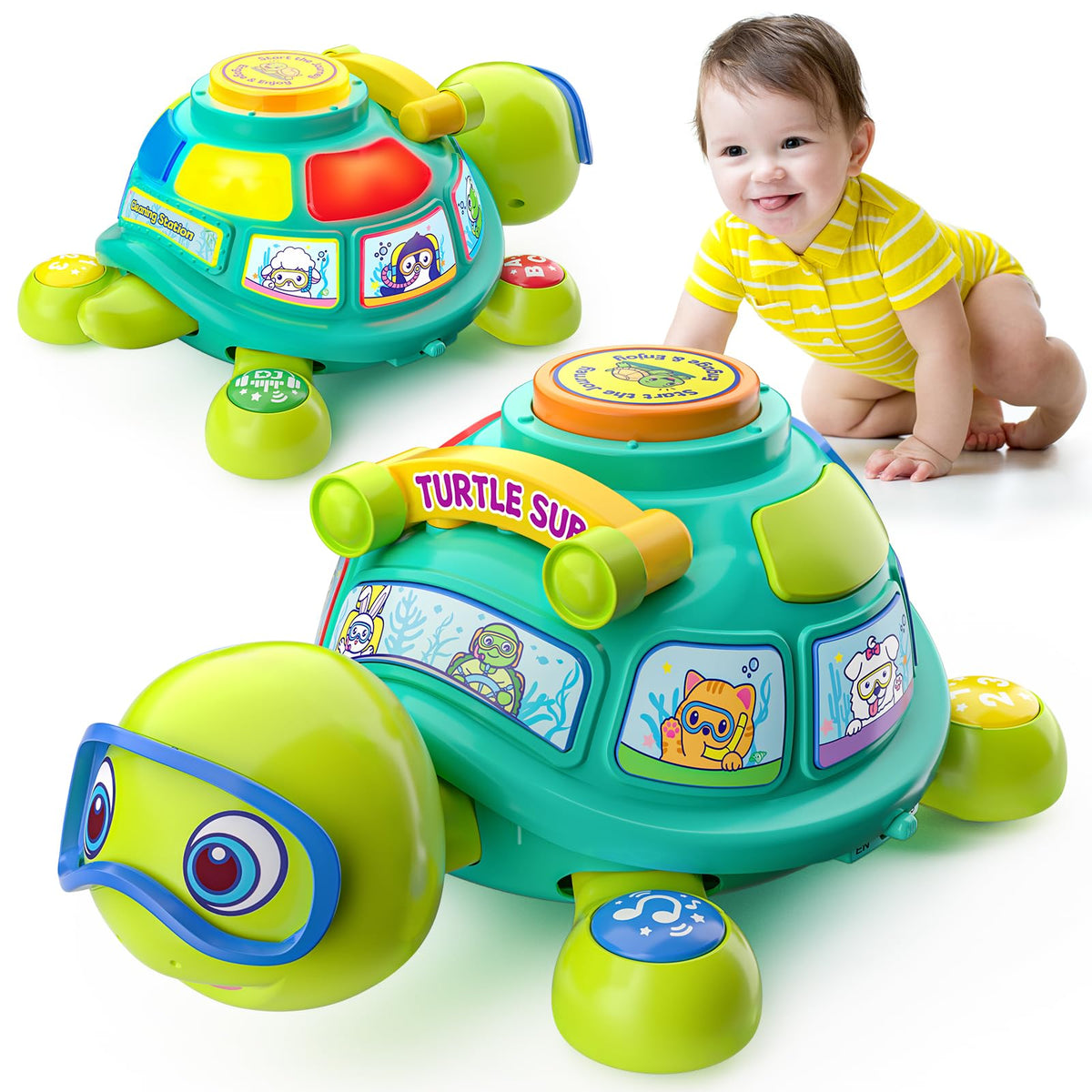 BQU Educational Baby Toys 6-12 Months: Musical Crawling Turtle (Bilingual)