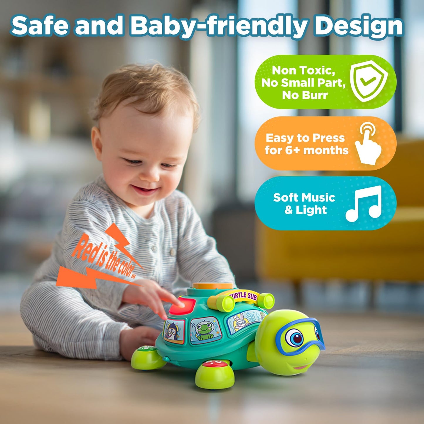BQU Educational Baby Toys 6-12 Months: Musical Crawling Turtle (Bilingual)