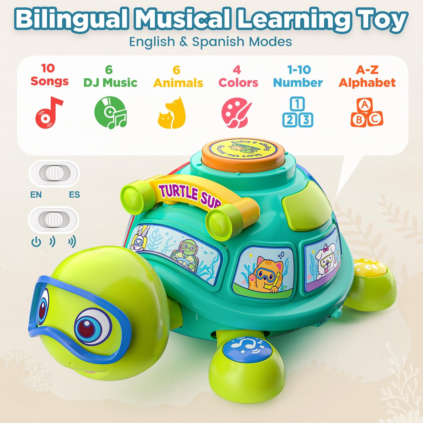 BQU Educational Baby Toys 6-12 Months: Musical Crawling Turtle (Bilingual)