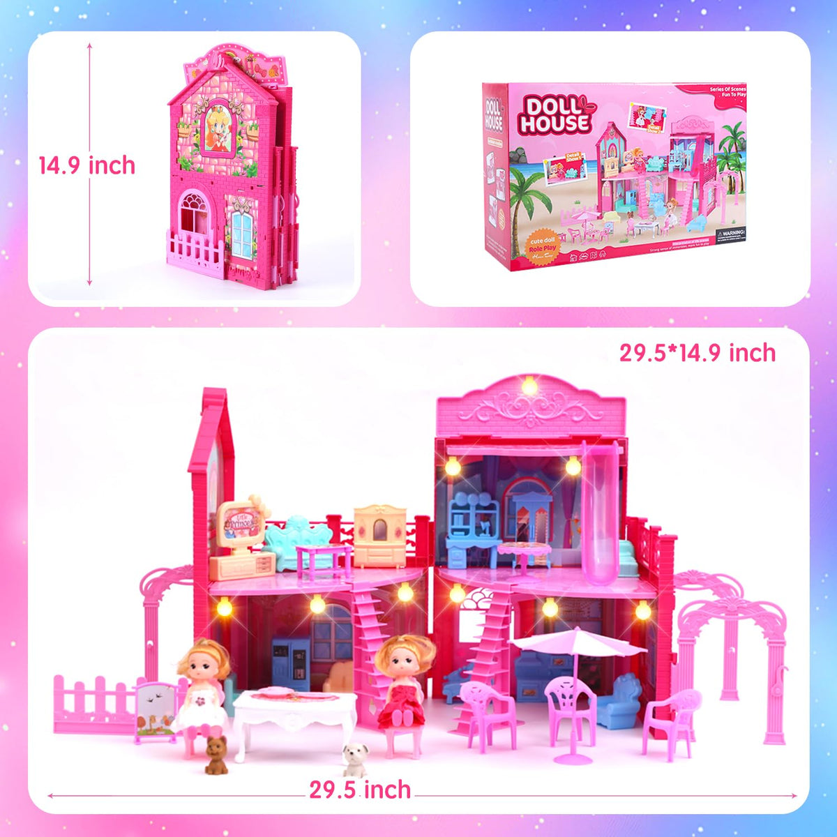 BRAITEN Doll House – 4 Rooms, 2 Dolls, Lights, Portable Playset
