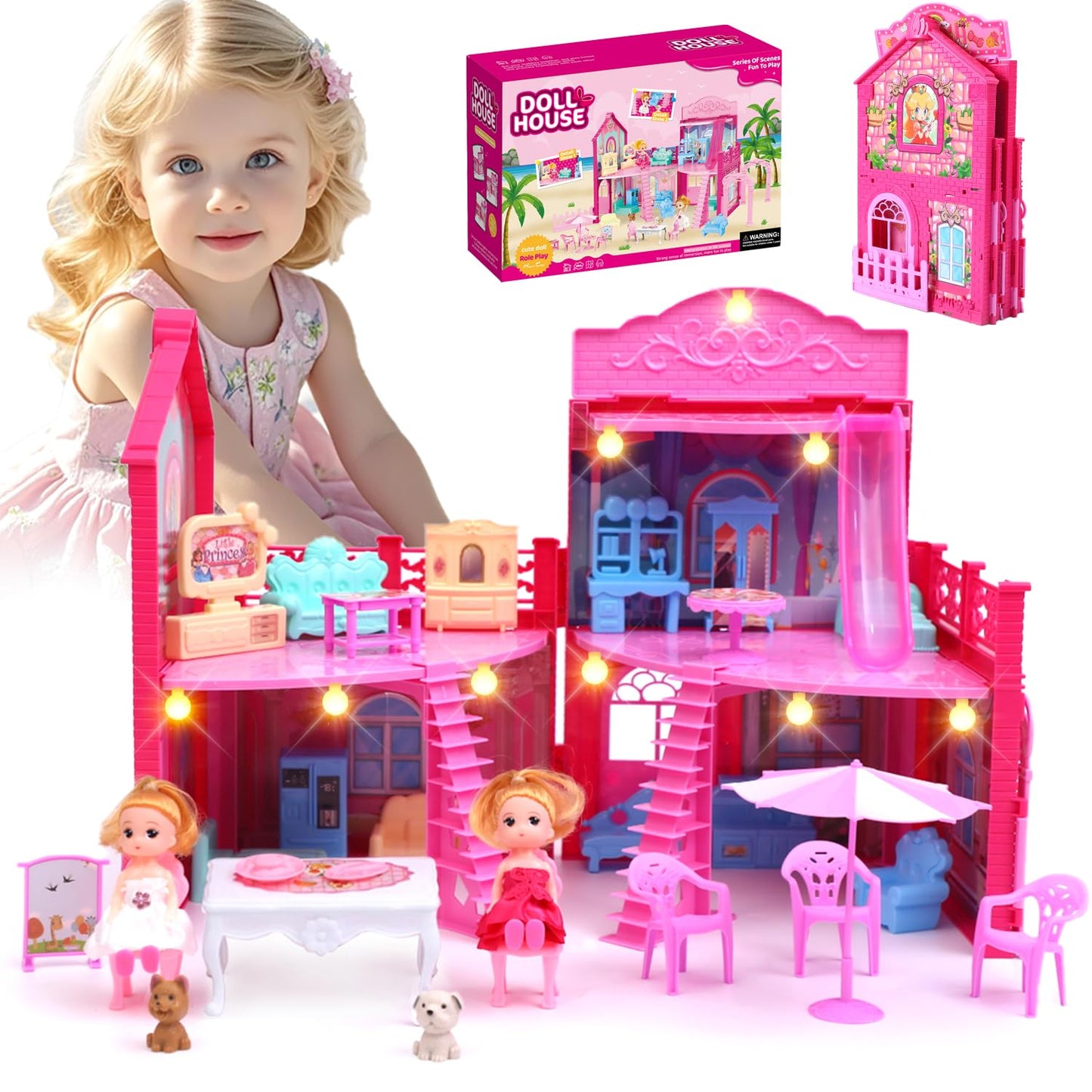 BRAITEN Doll House – 4 Rooms, 2 Dolls, Lights, Portable Playset