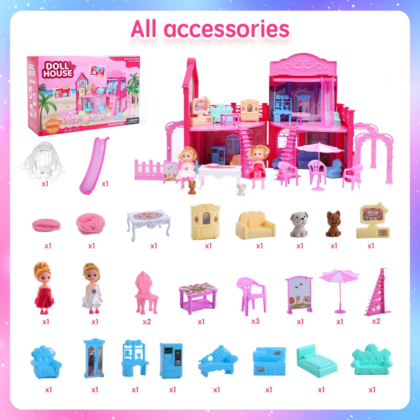 BRAITEN Doll House – 4 Rooms, 2 Dolls, Lights, Portable Playset