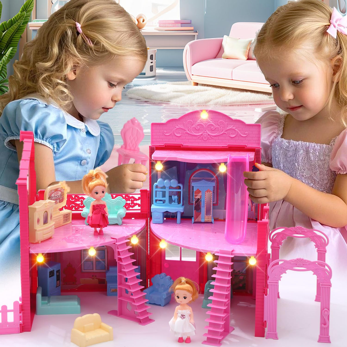 BRAITEN Doll House – 4 Rooms, 2 Dolls, Lights, Portable Playset