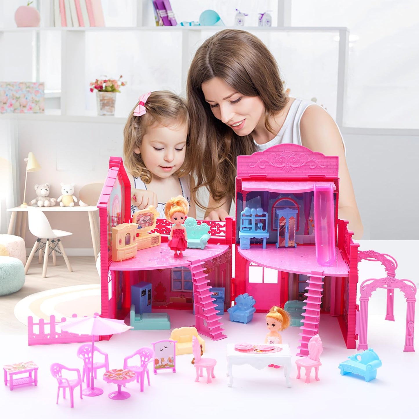 BRAITEN Doll House – 4 Rooms, 2 Dolls, Lights, Portable Playset