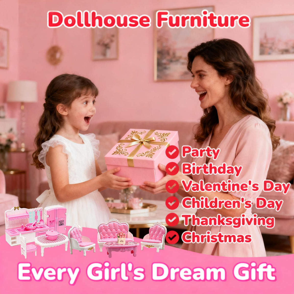 BRAITEN Dollhouse Furniture Set — 38-Piece Miniatures for All Rooms