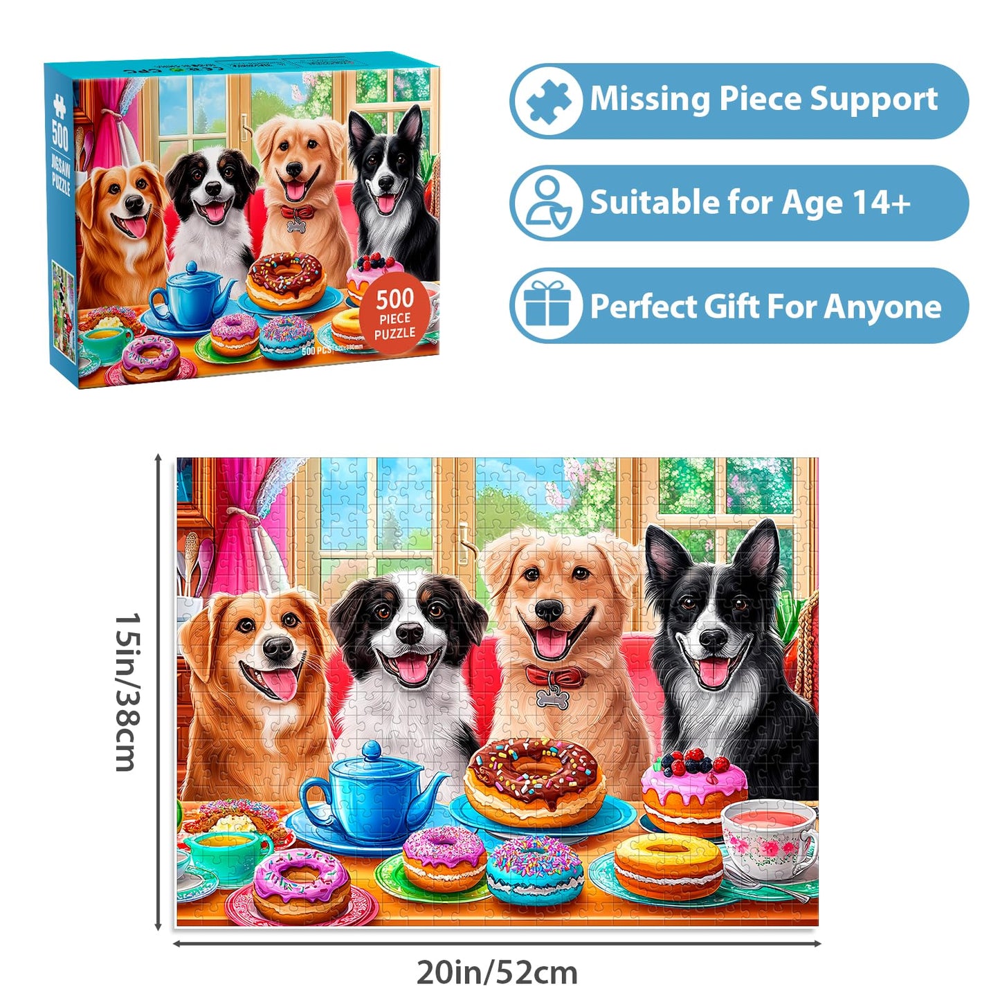 BraniacBits 500-Piece Dog Puzzle – Recycled Cardboard Donuts Scene