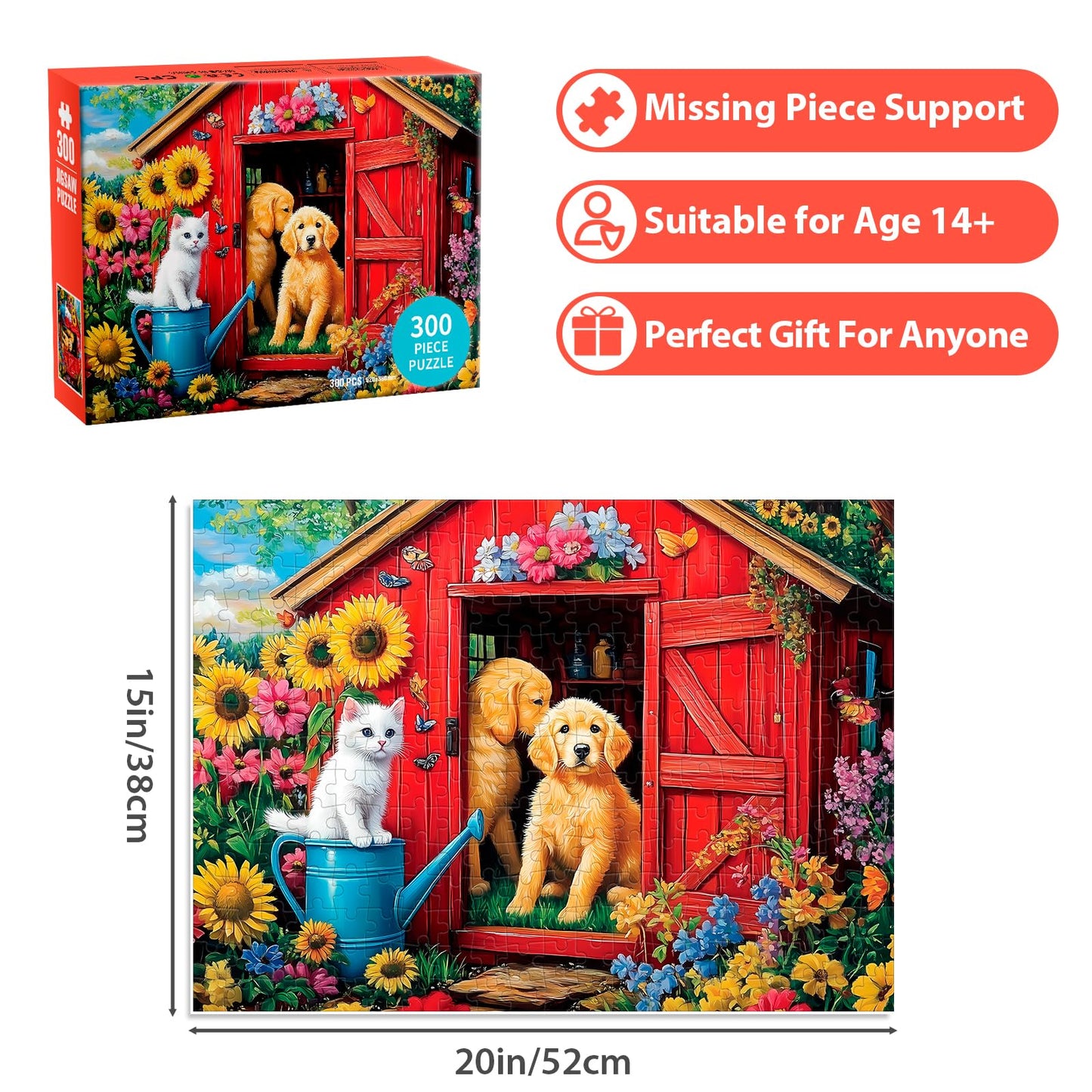 BraniacBits 300-Piece Dog Cat Flower Jigsaw Puzzle – Recycled Cardboard, 20.5 x 15 in