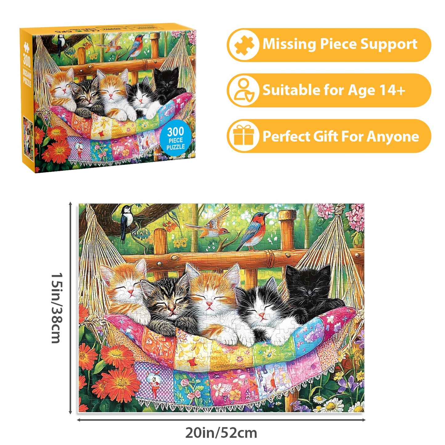 BraniacBits 300 Piece Puzzle for Adults – Cat Birds & Flowers, 20.5 x 15 in