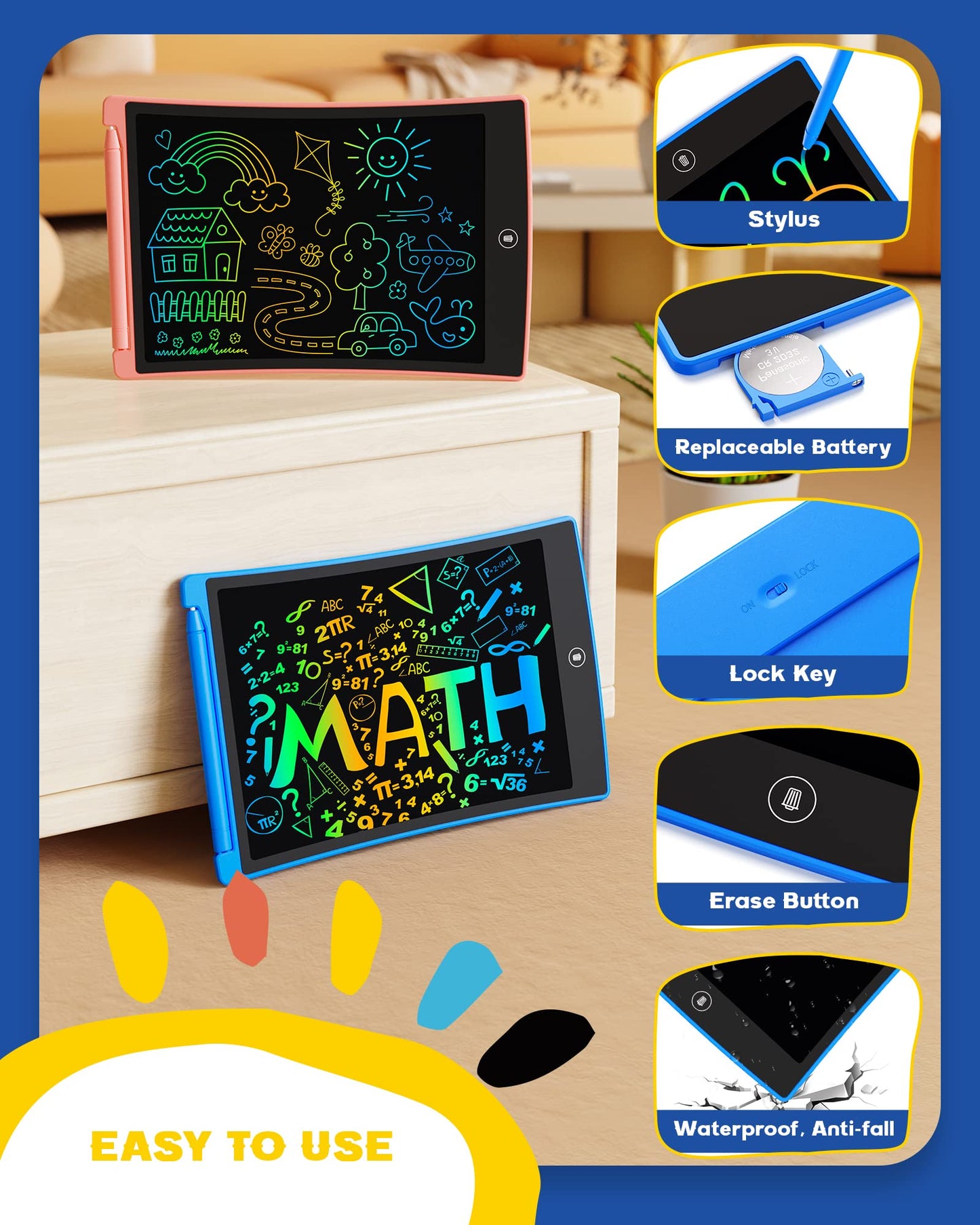 Bravokids 2 Pack LCD Writing Tablet for Kids – 10-Inch Colorful Doodle Boards
