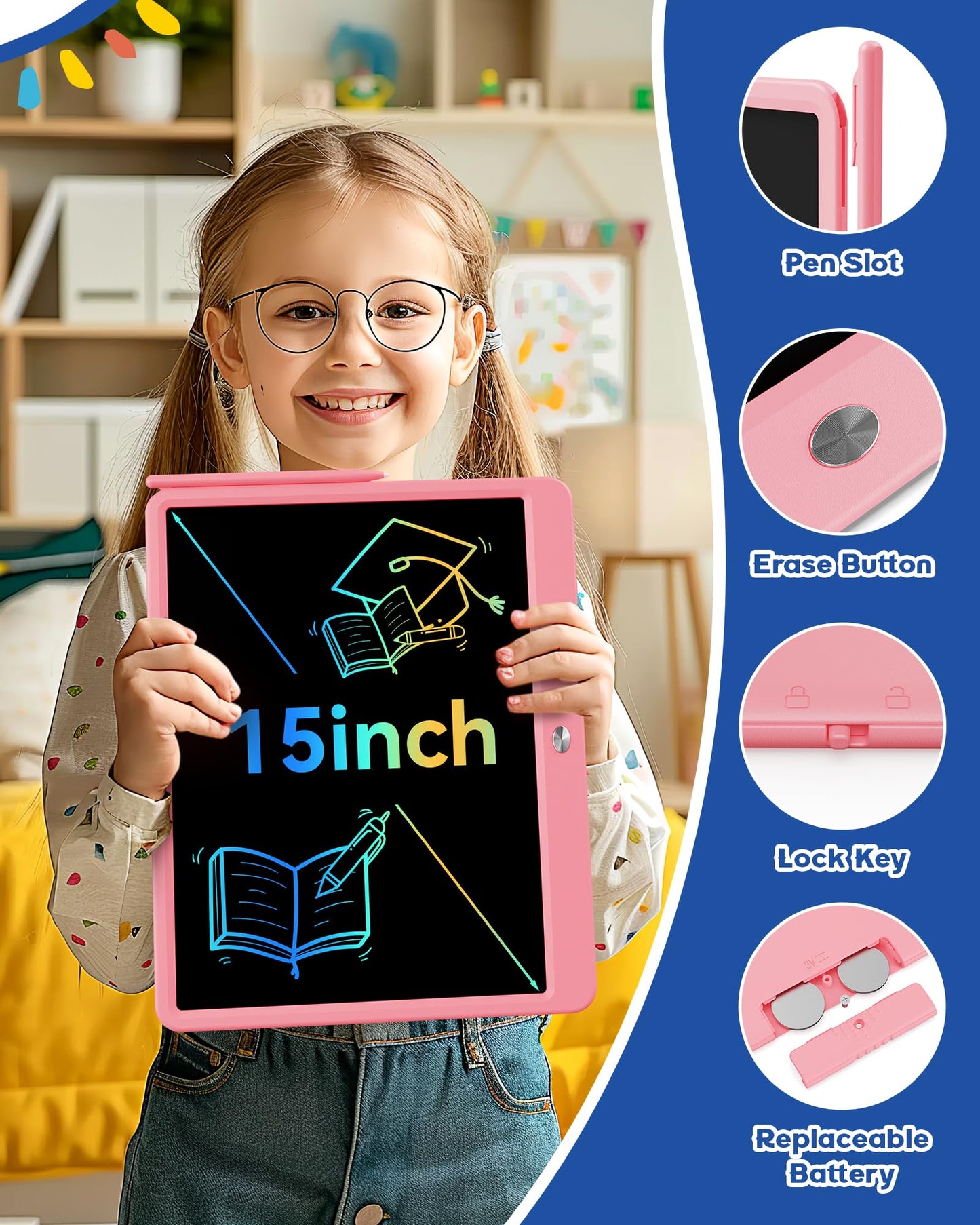 Bravokids 15-Inch LCD Writing Tablet for Kids – Doodle Board (Pink)