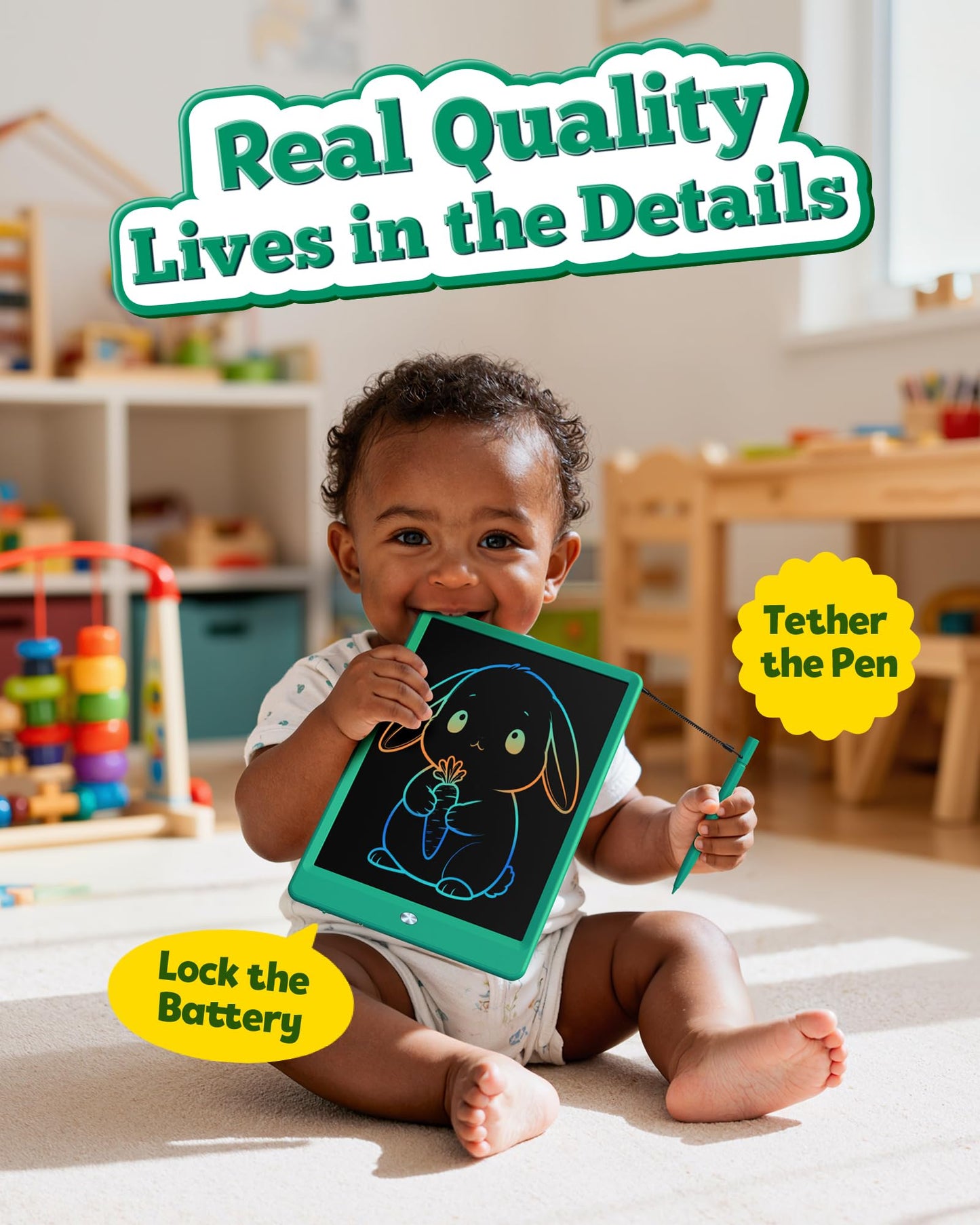 Bravokids 10-Inch LCD Writing Tablet for Kids (3-8) – Reusable Doodle Board Dark Green