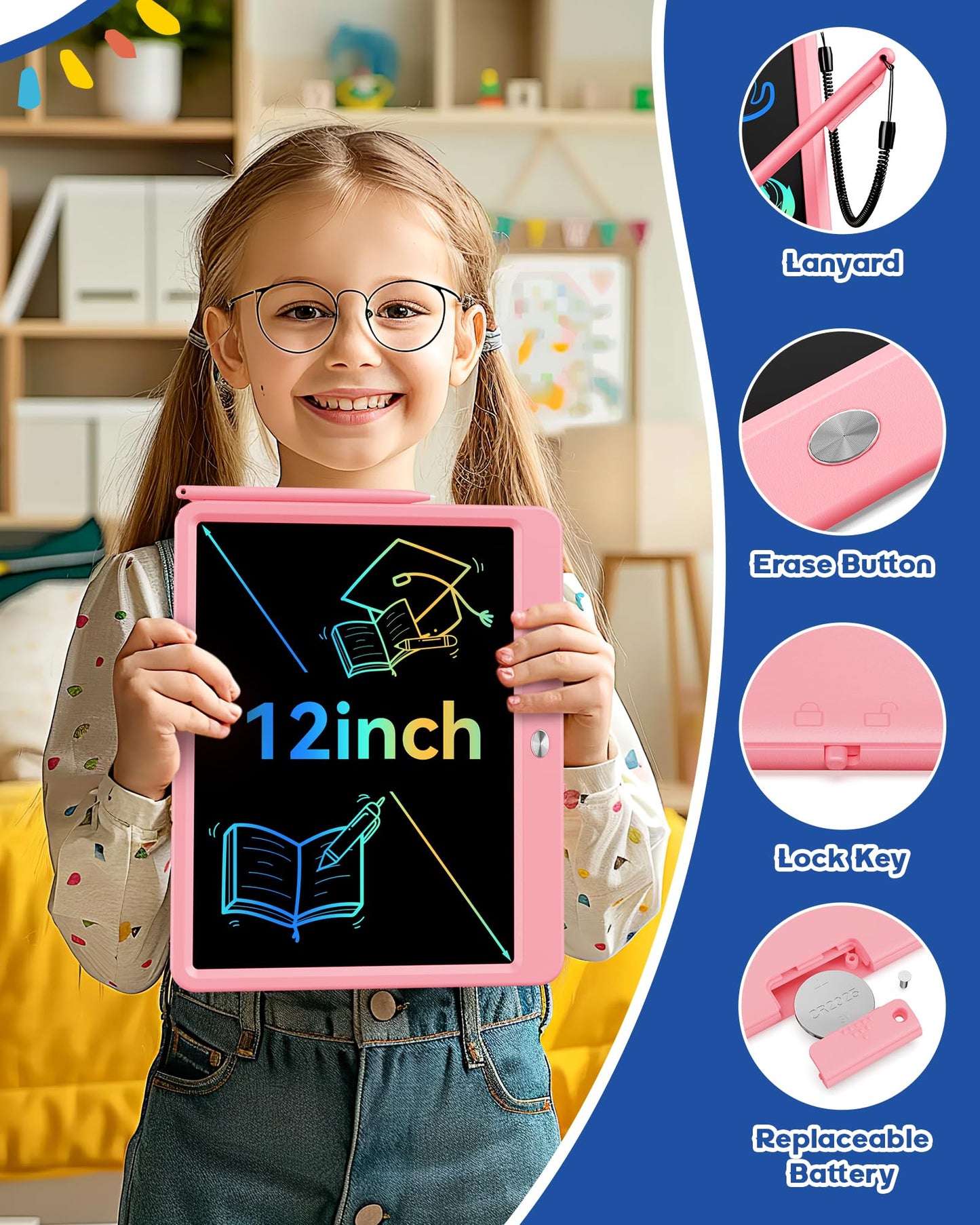 Bravokids 12-Inch LCD Writing Tablet for Kids – Pink Doodle Board & Drawing Pad