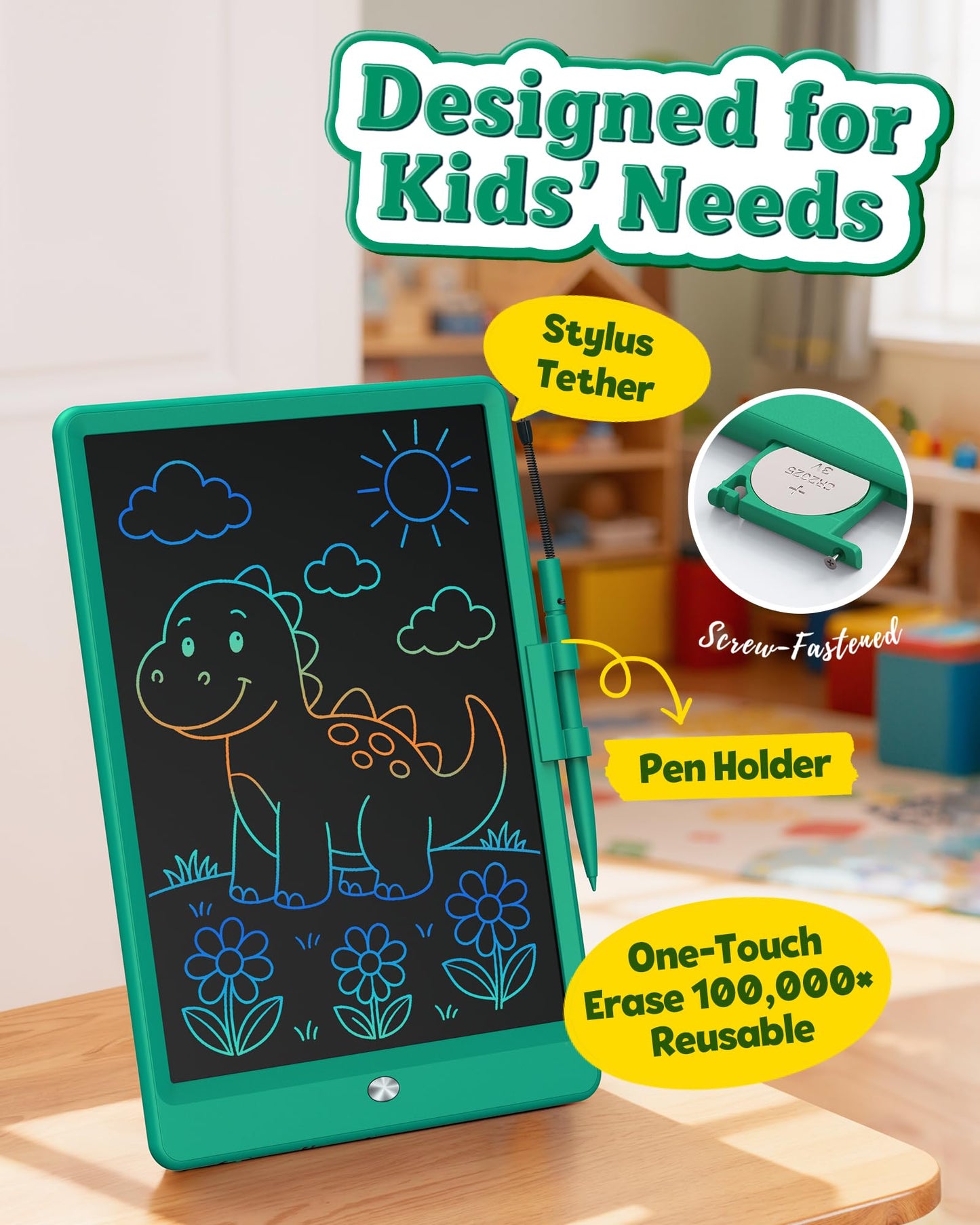 Bravokids 10-Inch LCD Writing Tablet for Kids (3-8) – Reusable Doodle Board Dark Green