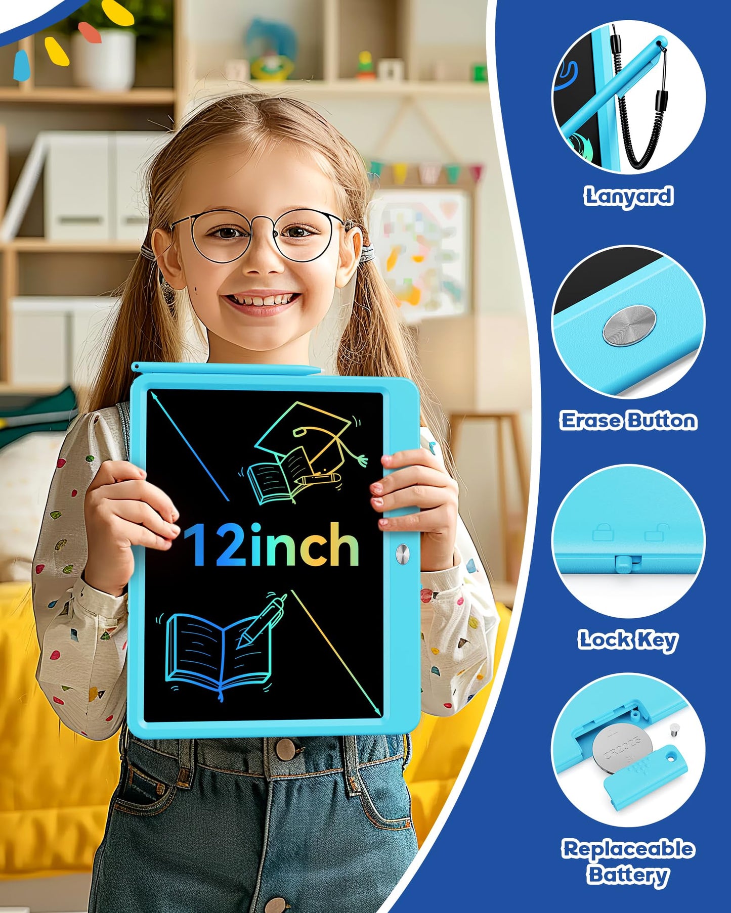 Bravokids 12-Inch LCD Writing Tablet for Kids | Color Screen Doodle Board