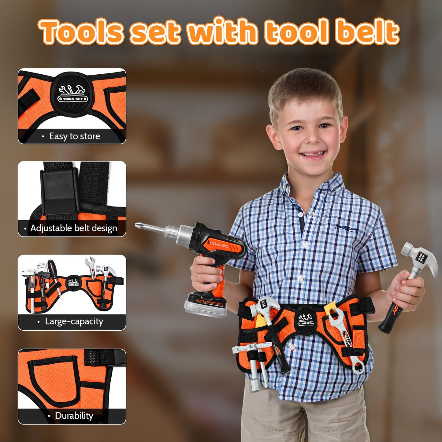 breibowski 49-Piece Toddler Tool Set with Electric Drill – Portable Bag & Adjustable Belt for Ages 3-8
