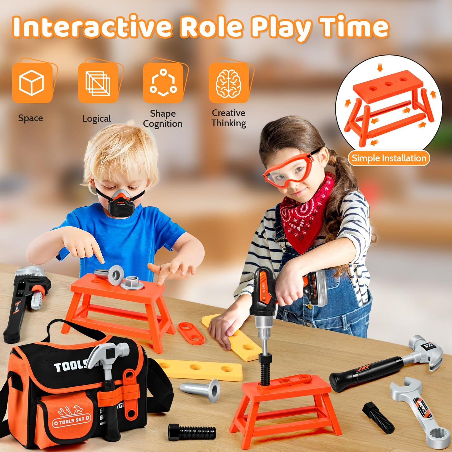 breibowski 49-Piece Toddler Tool Set with Electric Drill – Portable Bag & Adjustable Belt for Ages 3-8