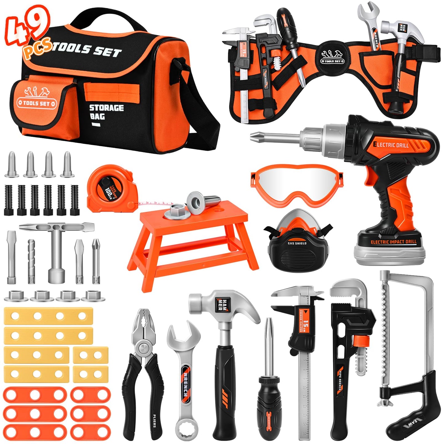 breibowski 49-Piece Toddler Tool Set with Electric Drill – Portable Bag & Adjustable Belt for Ages 3-8