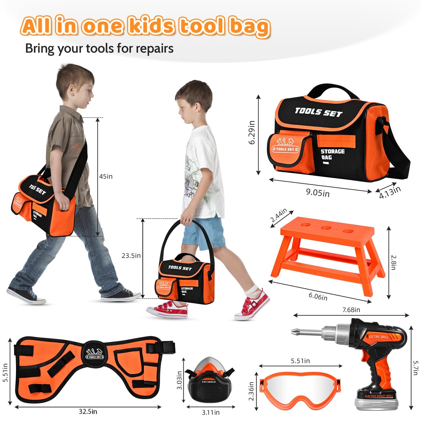 breibowski 49-Piece Toddler Tool Set with Electric Drill – Portable Bag & Adjustable Belt for Ages 3-8