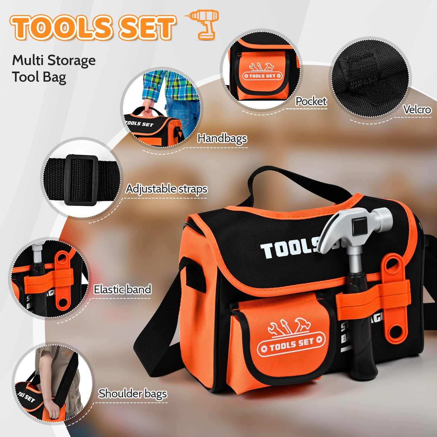 breibowski 49-Piece Toddler Tool Set with Electric Drill – Portable Bag & Adjustable Belt for Ages 3-8