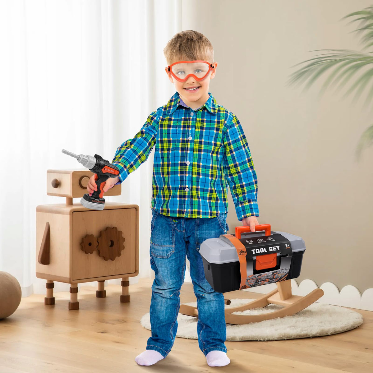 breibowski 43-Piece Toddler & Kids Tool Set with Realistic Drill | Portable Toolbox & STEM Pretend Play Kit (Ages 3-8)
