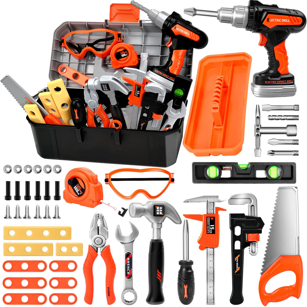 breibowski 43-Piece Toddler & Kids Tool Set with Realistic Drill | Portable Toolbox & STEM Pretend Play Kit (Ages 3-8)