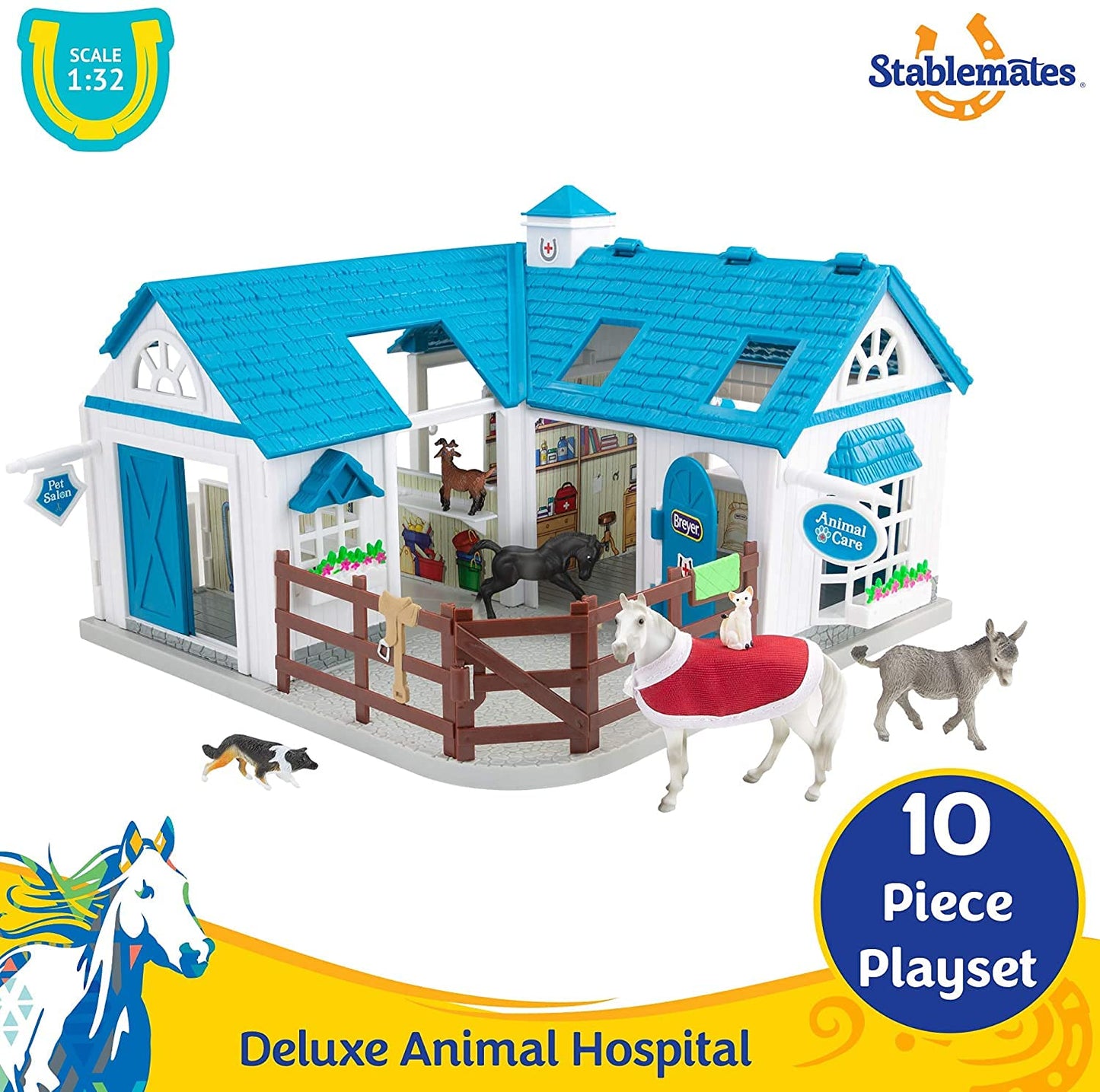 Breyer Stablemates Deluxe Animal Hospital 10-Piece Playset – 1:32 Scale | Blue