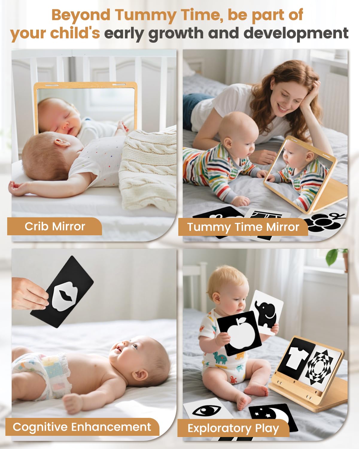 Brezlio Tummy Time Mirror with High-Contrast Cards | Montessori Baby Floor Mirror