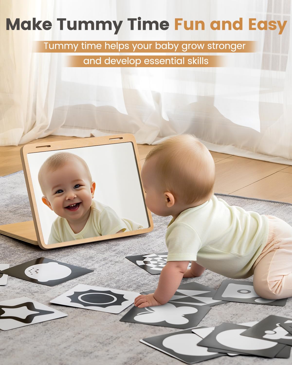 Brezlio Tummy Time Mirror with High-Contrast Cards | Montessori Baby Floor Mirror