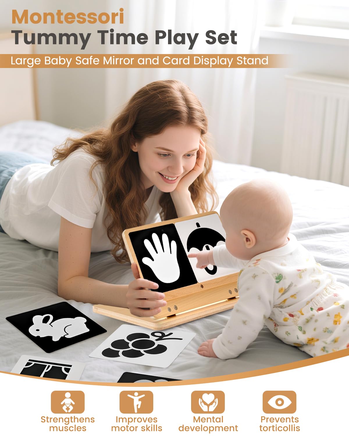Brezlio Tummy Time Mirror with High-Contrast Cards | Montessori Baby Floor Mirror