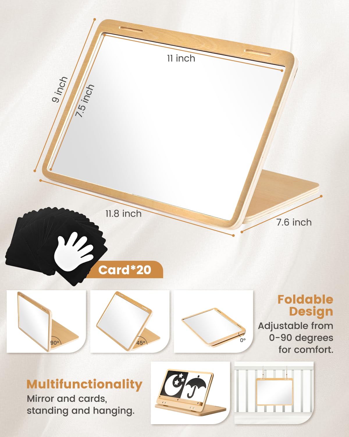 Brezlio Tummy Time Mirror with High-Contrast Cards | Montessori Baby Floor Mirror